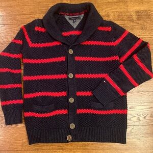 Tommy Hilfiger Men's Shawl Collar Cardigan Sweater Navy Blue Red Stripe Large L